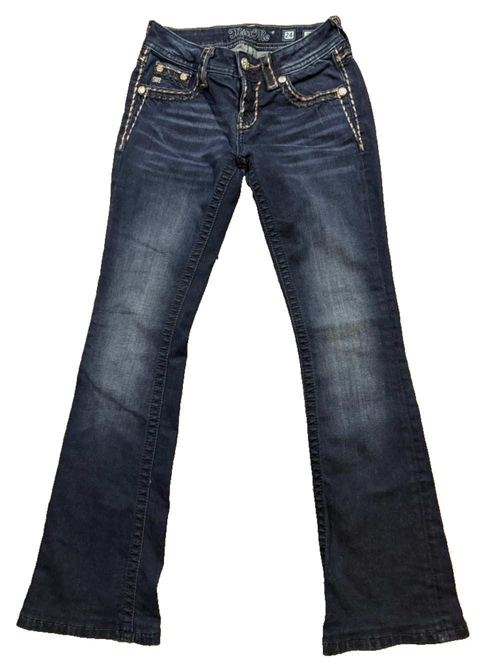 Miss Me Bootcut Jeans Womens 24 25x30Dark Wash Mid Rise Embellished Flap Pockets